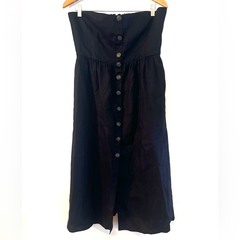 Reformation Strapless 100% Linen Black Dress Button Front Midi Skirt Size 12